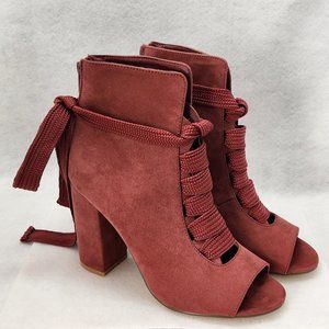 JustFab Burgundy Suede Style Open Toe Heel Boots